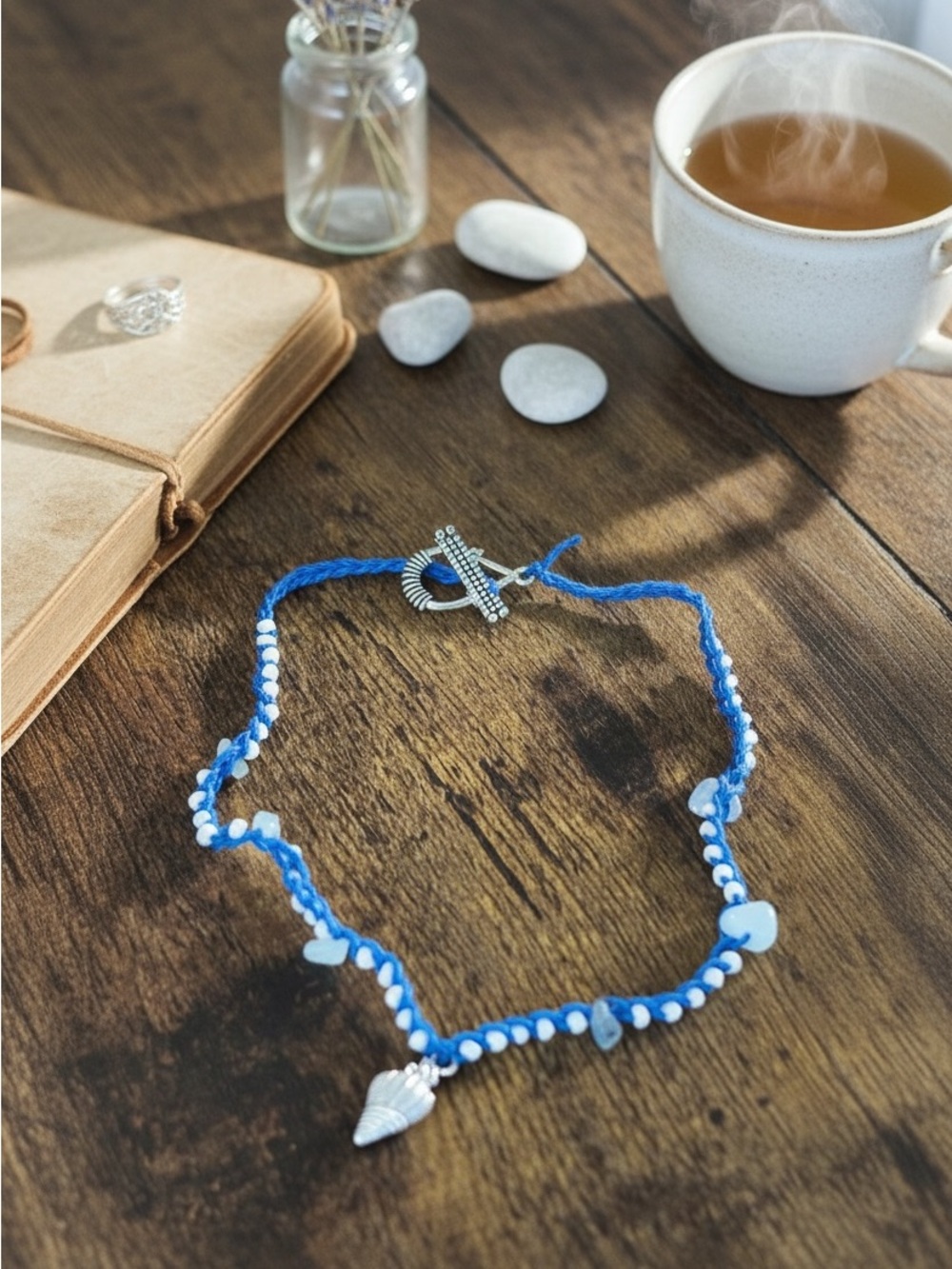 Abrand Blue and White Beaded Heart & Shell Necklace